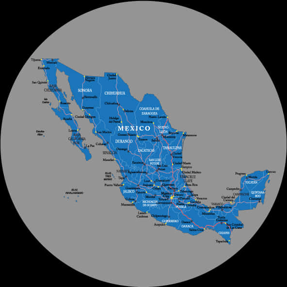 A Map Of Mexico With Cities And Roads
