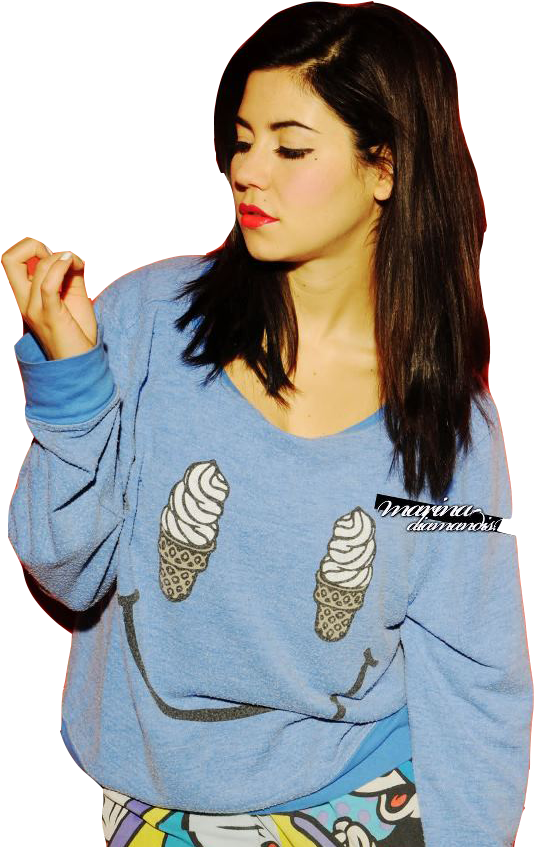 A Woman With Long Hair Wearing A Blue Sweater With Ice Cream On It