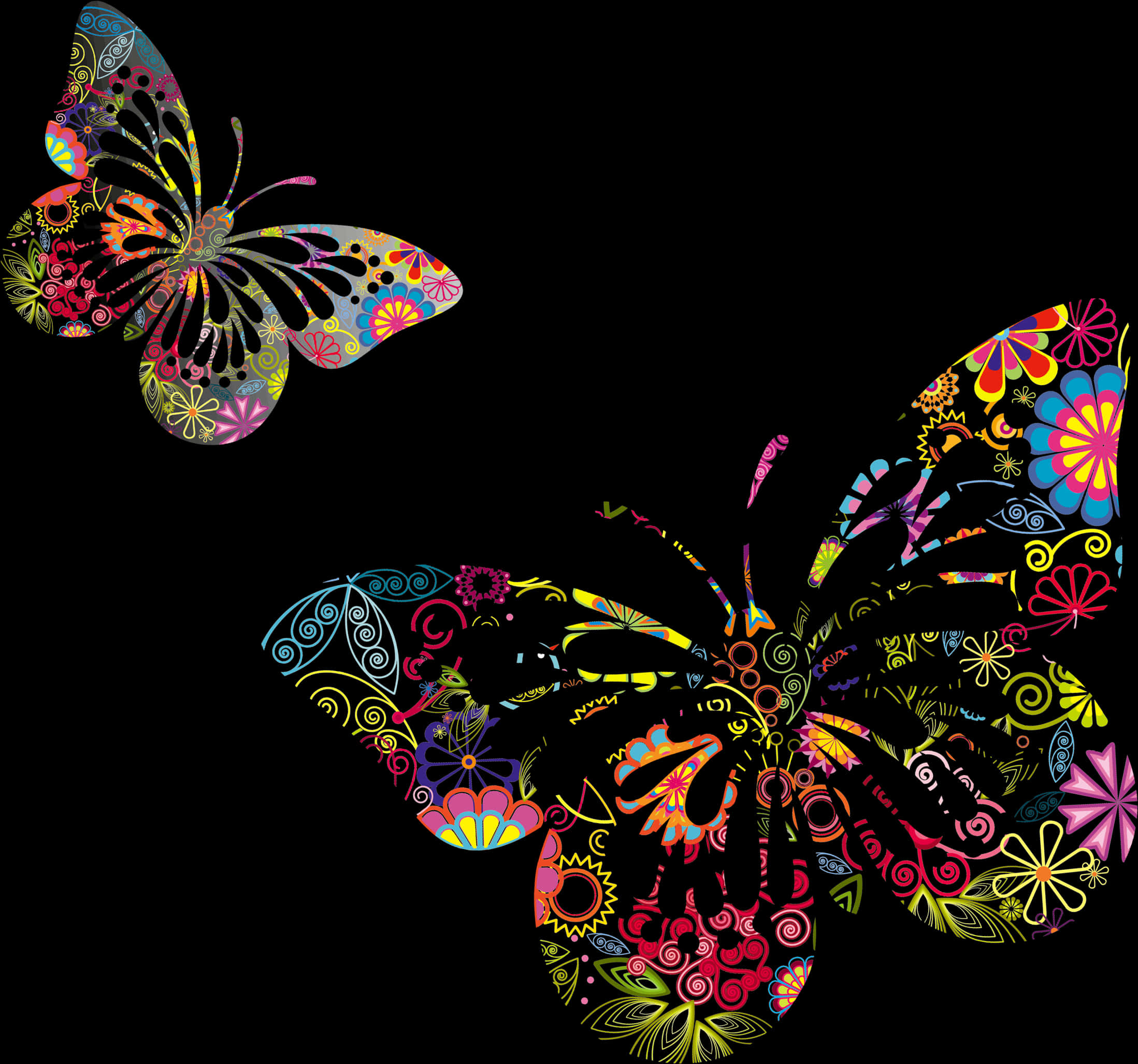 A Colorful Butterflies On A Black Background