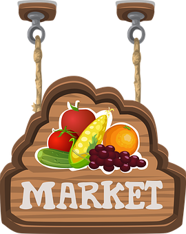A Wooden Sign With Fruits And Vegetables On It