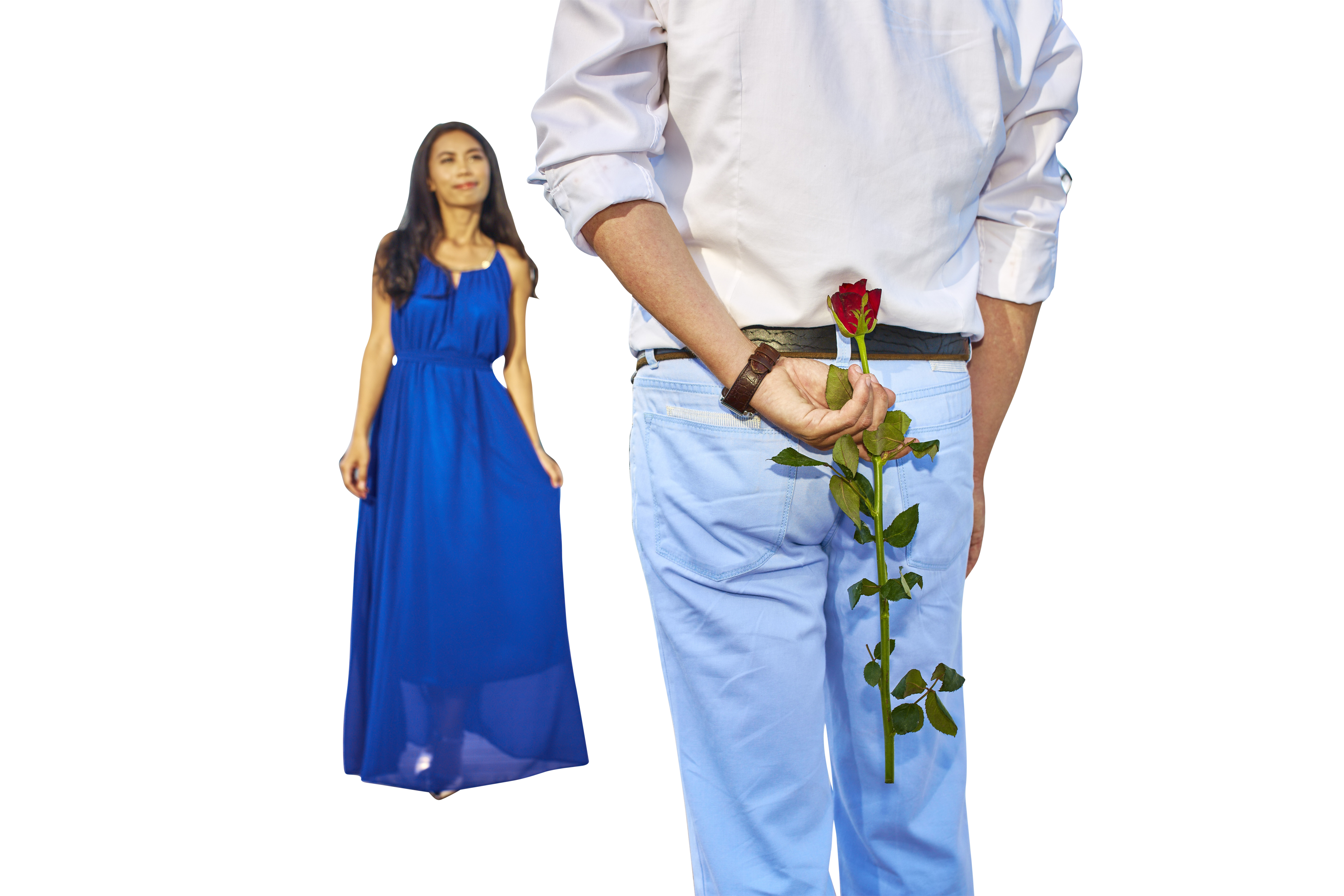 A Man Holding A Rose In His Pocket And A Woman In The Background