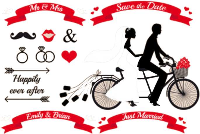 A Couple On A Bicycle With Red Ribbons