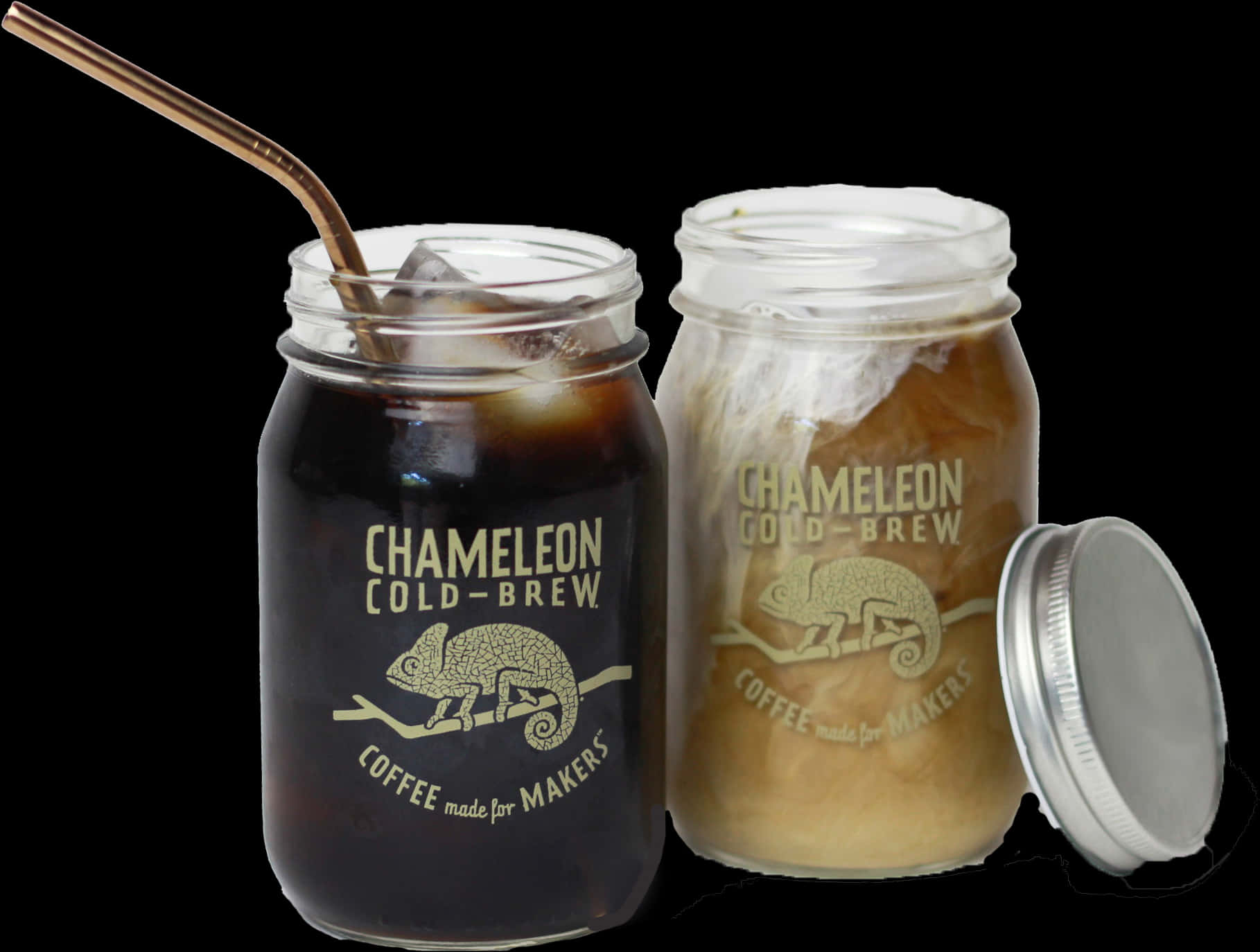 A Glass Jars With A Straw And A Brown Liquid With A Metal Straw