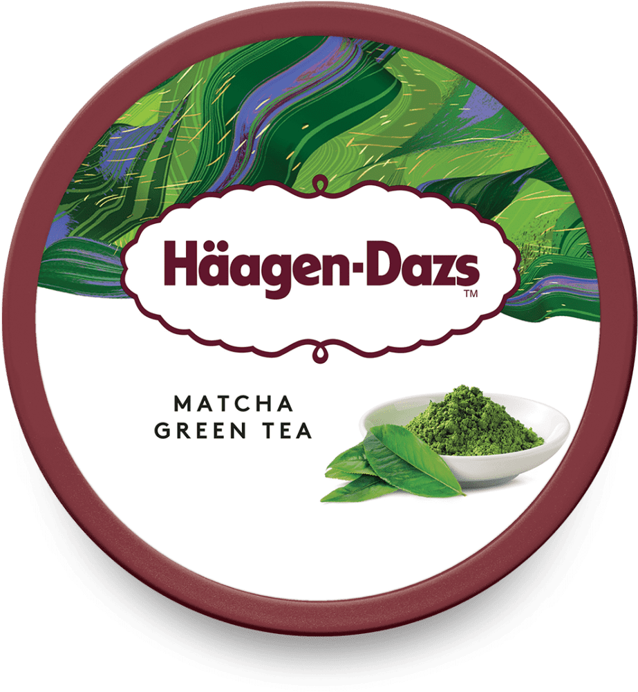 A Round Label With A Bowl Of Green Tea And Leaves