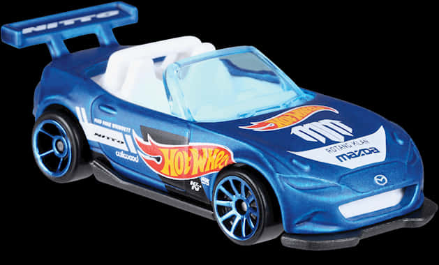 A Blue Toy Car With White Text And Red Letters