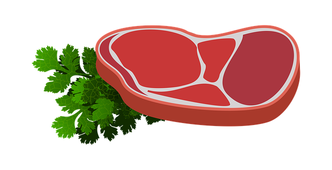 A Piece Of Meat With A Green Leafy Plant