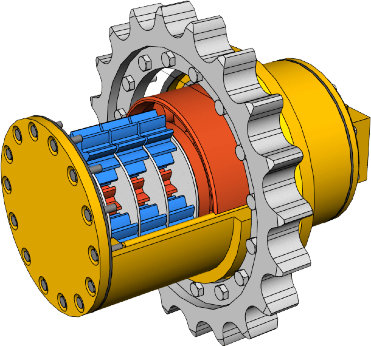 A Yellow And Silver Gear With Blue And Red Parts