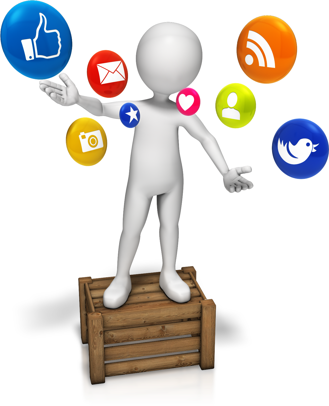 A Cartoon Character Standing On A Wooden Box With Many Icons