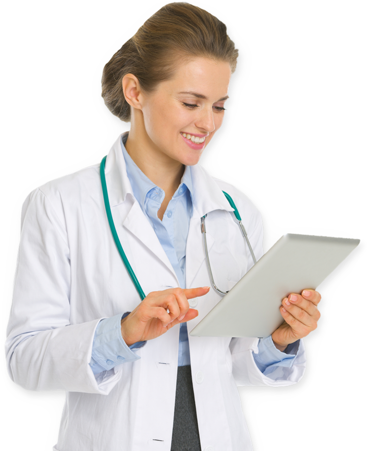 A Woman In A White Lab Coat Using A Tablet