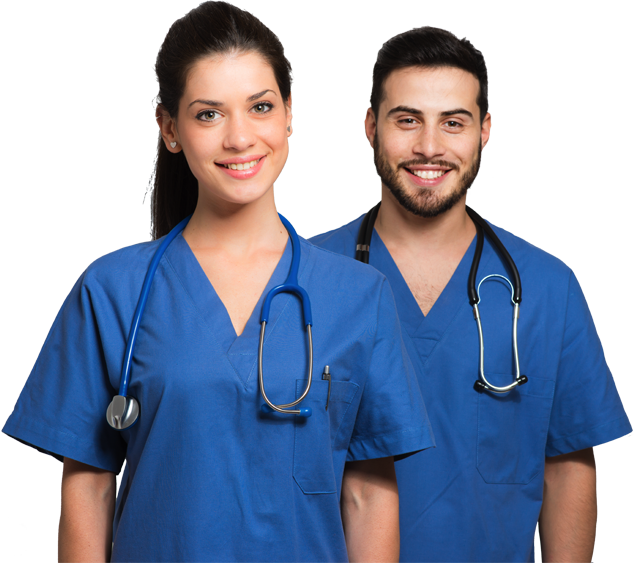 A Man And Woman Wearing Blue Scrubs