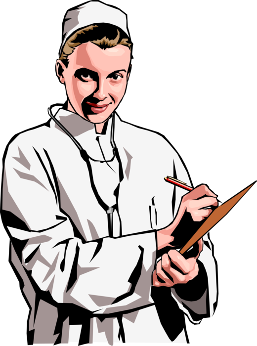 A Woman In A White Coat Holding A Clipboard And Pen