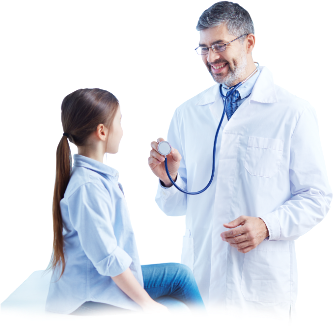 A Man In A White Coat Holding A Stethoscope To A Girl