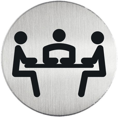 A Circular Sign With A Group Of People Sitting At A Table