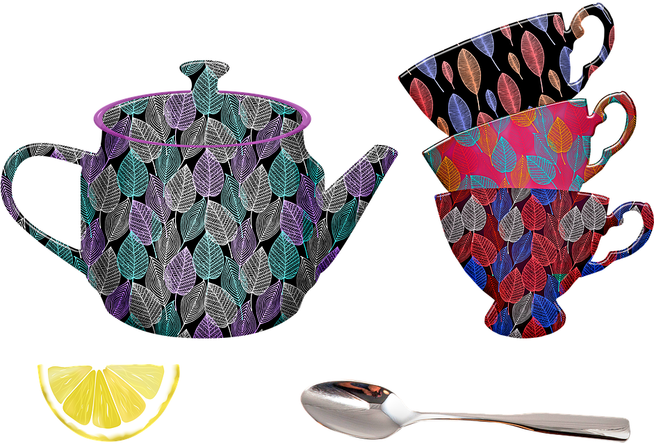 A Tea Set With Leaves And Cups