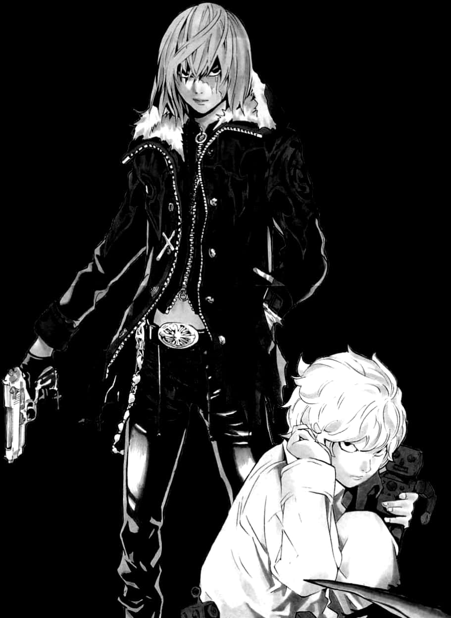 A Black And White Image Of A Woman With Blonde Hair And A Boy With Guns