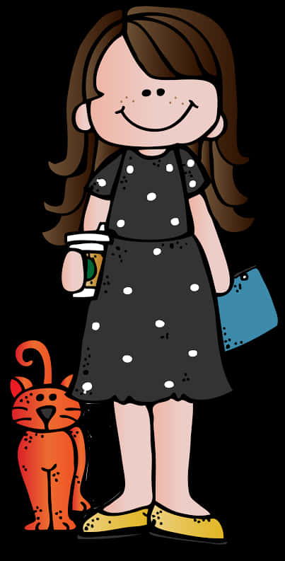 A Cartoon Of A Girl Holding A Bag And A Coffee Cup