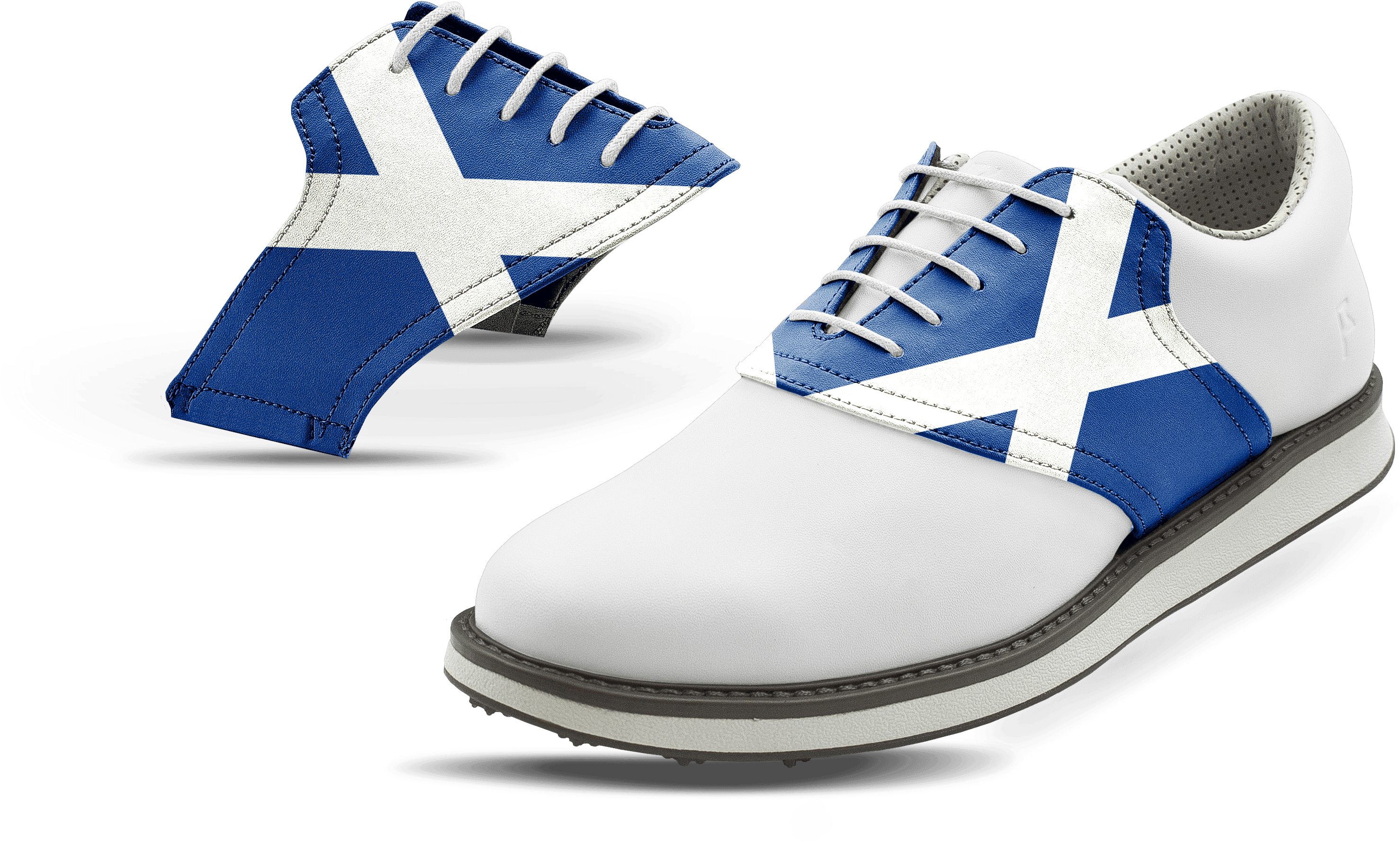 A White Shoe With Blue And White X On It