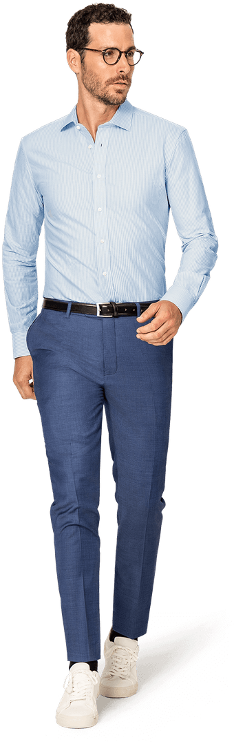 A Man In Blue Suit And Brown Belt