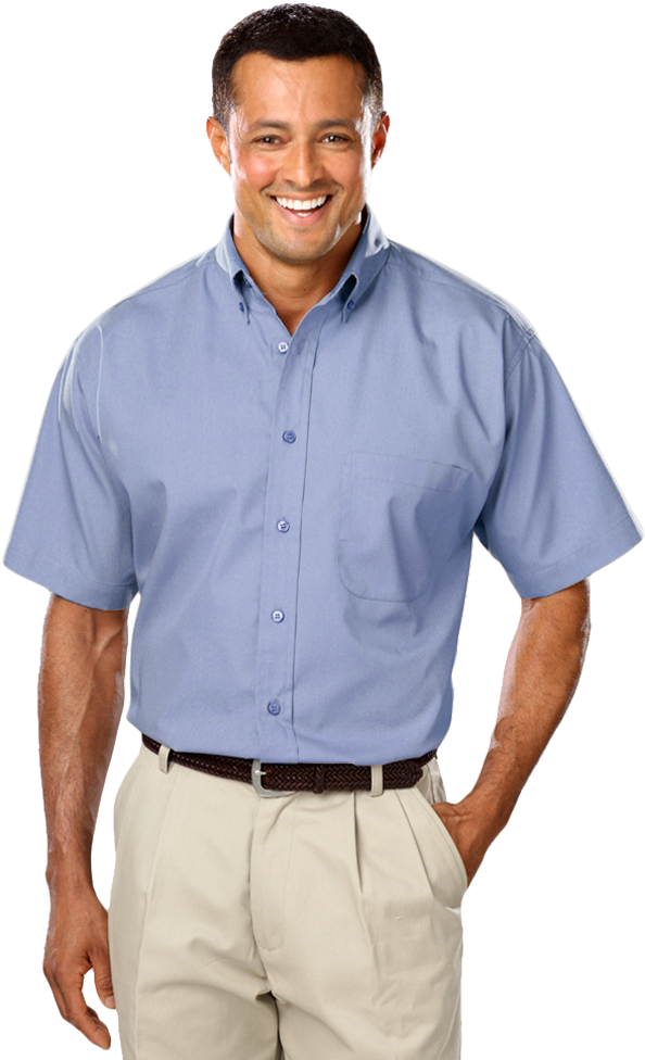 A Man Wearing A Blue Shirt And Khaki Pants