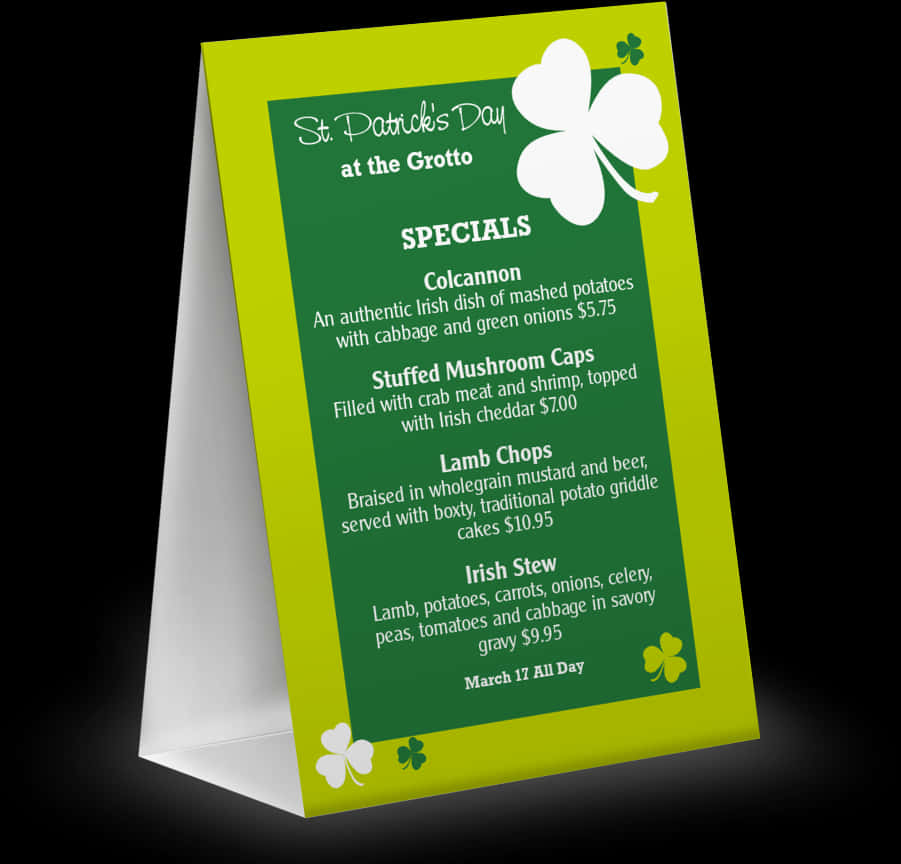 A Green Menu Card With White Text And Shamrocks