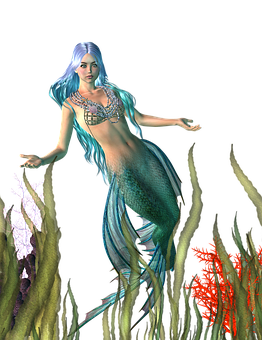 A Mermaid With Long Blue Hair And A Fish Tail