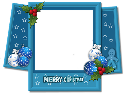 A Blue Photo Frame With Ornaments And Stars
