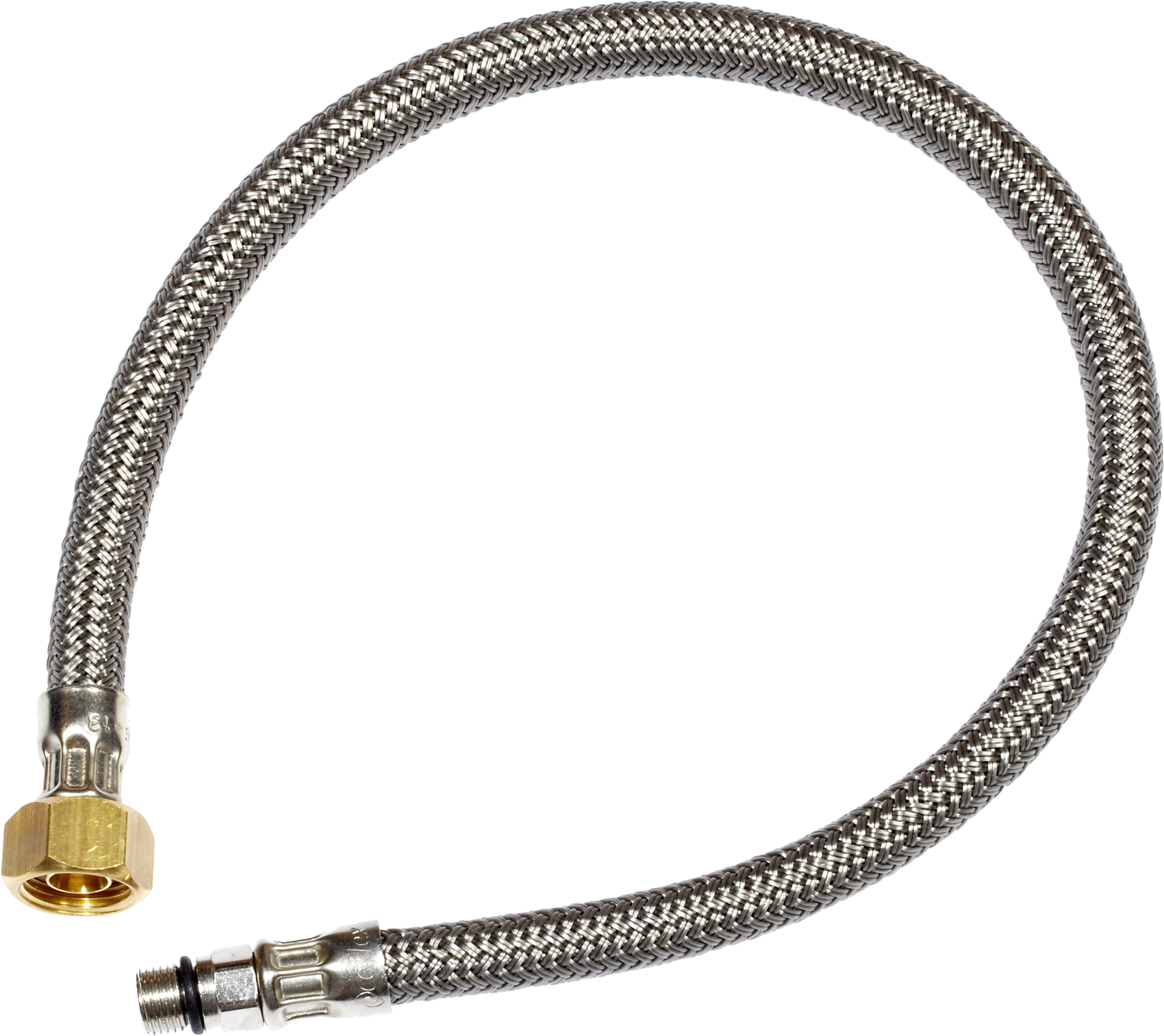A Silver Braided Hose With A Gold Nut