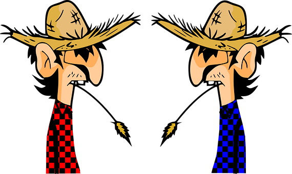 Two Cartoon Men Wearing Cowboy Hats