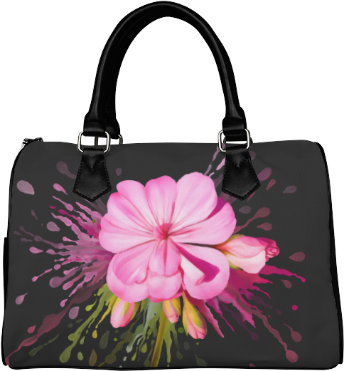 A Black Purse With A Pink Flower On It