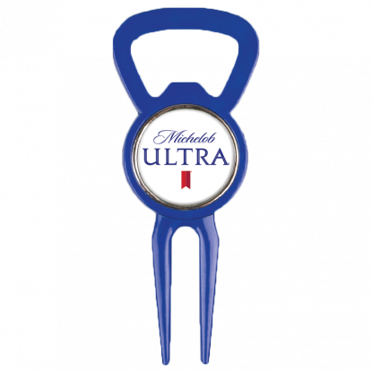 A Blue Bottle Opener With A White Circle And A Red And White Label