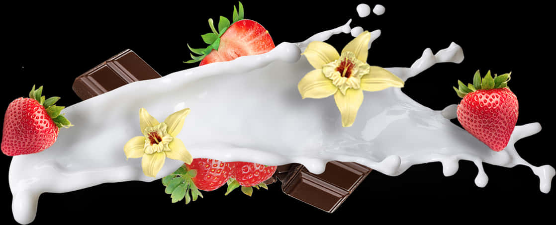 A Milk Splashing On A Chocolate Bar With Strawberries And Flowers