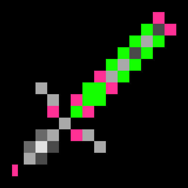 A Pixelated Sword With Green And Pink Squares