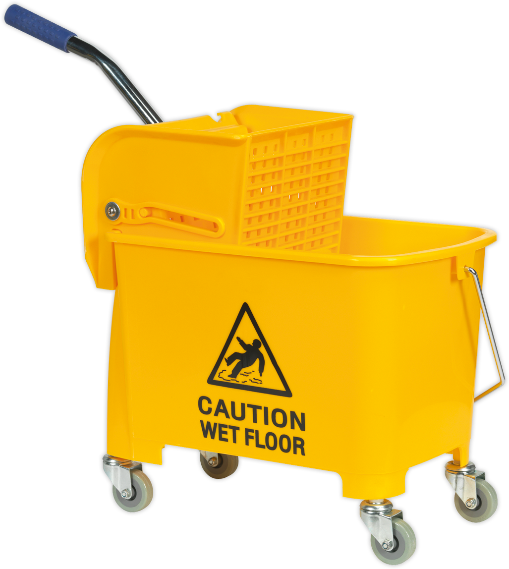 A Yellow Mop Bucket With A Caution Sign
