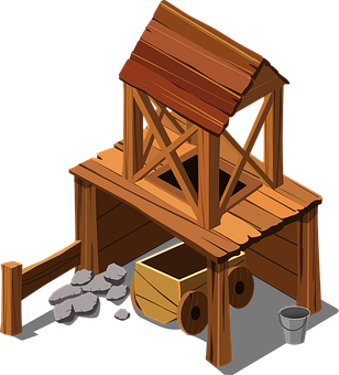 A Wooden Structure With A Bucket And Rocks