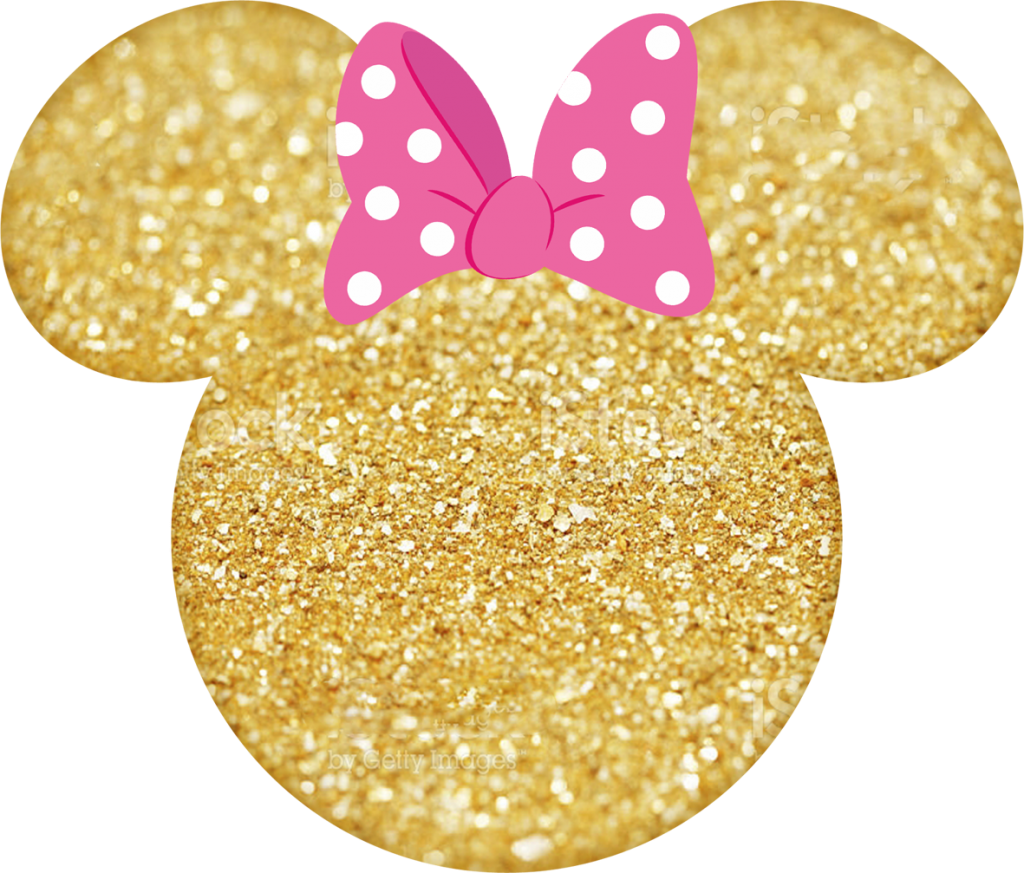 A Gold Glittery Mouse Head With A Pink Bow