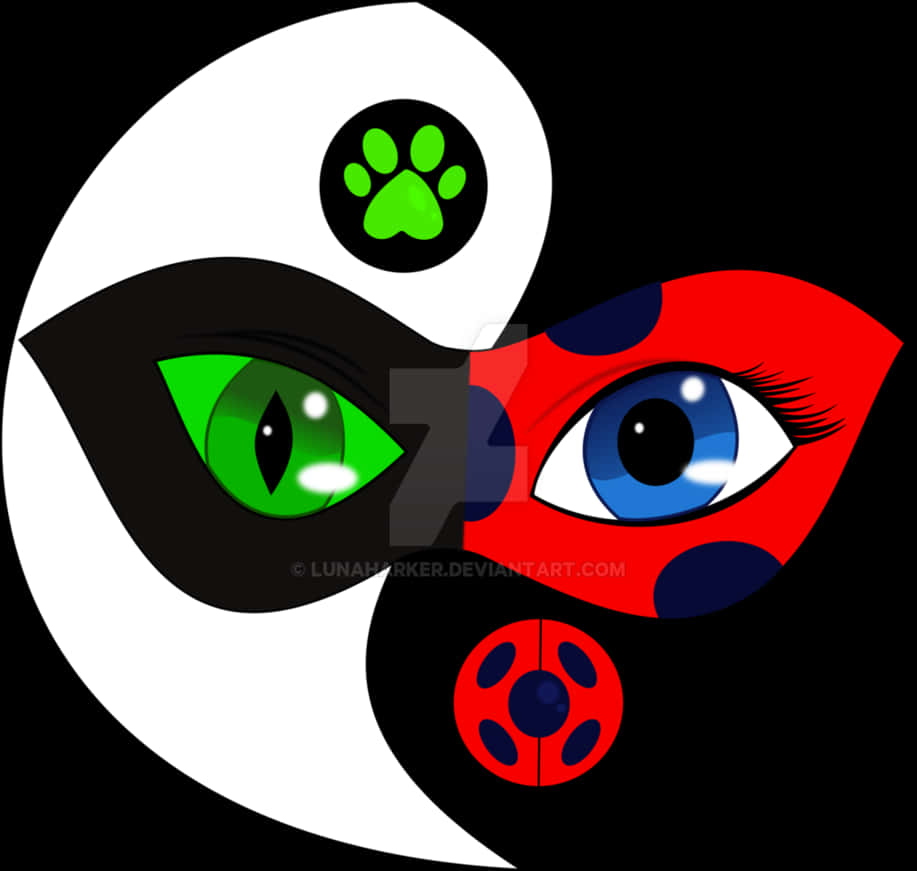 A Black And White Yin Yang Symbol With Green Eyes And Red Ladybug
