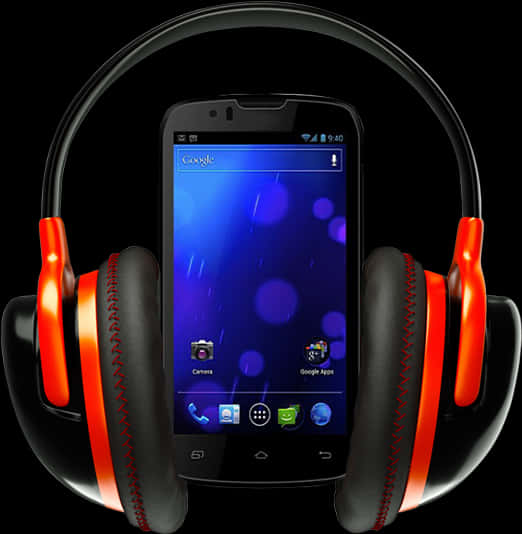 A Cellphone With Orange And Black Headphones
