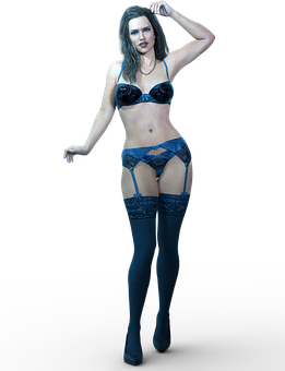 A Woman In Blue Lingerie And Stockings