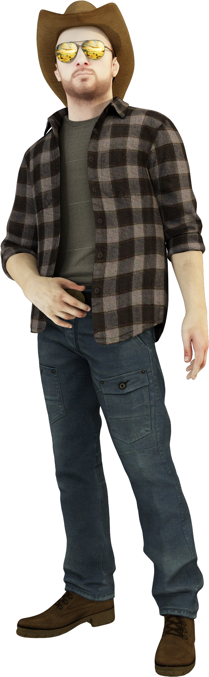 A Man Wearing A Plaid Shirt And Jeans