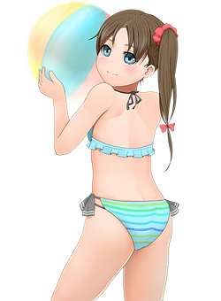 A Cartoon Of A Girl In A Garment Holding A Beach Ball