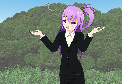 A Cartoon Of A Woman With Purple Hair And A Black Suit