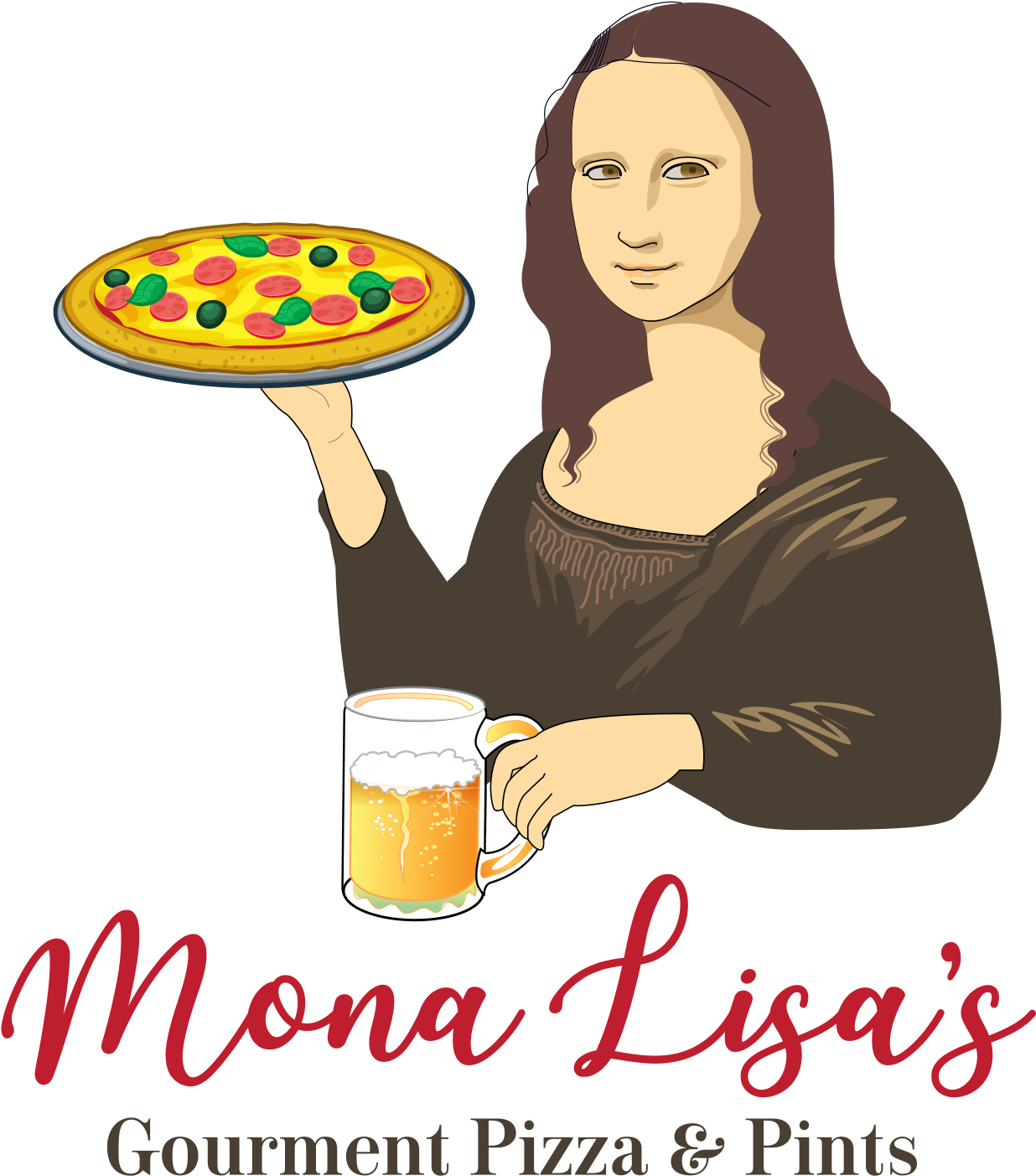 A Woman Holding A Pizza And A Mug Of Beer