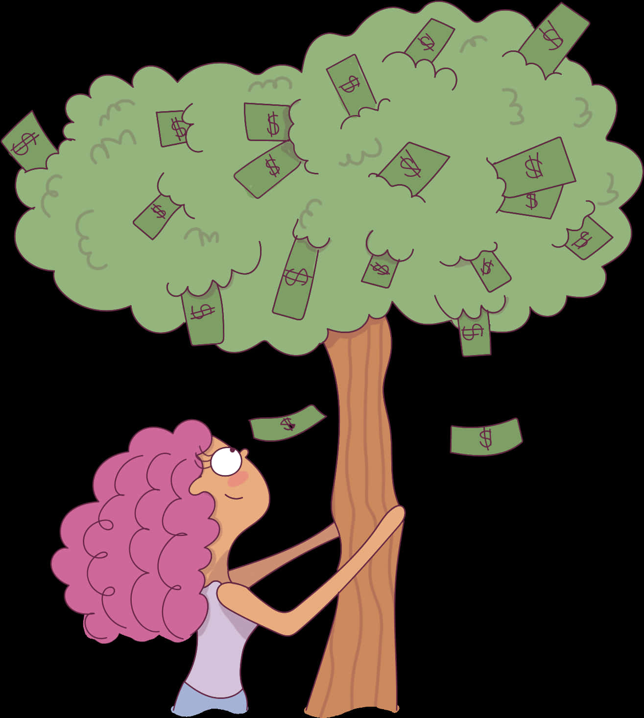 A Cartoon Of A Woman Holding A Tree With Money Falling From It