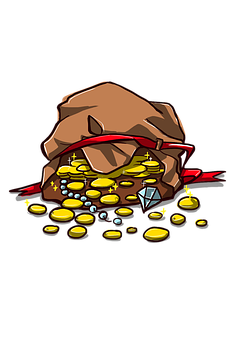 A Cartoon Of A Bag Of Gold Coins And A Diamond