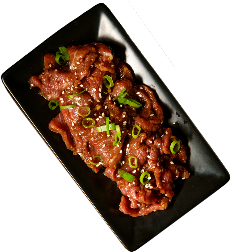 A Plate Of Raw Meat With Green Onions