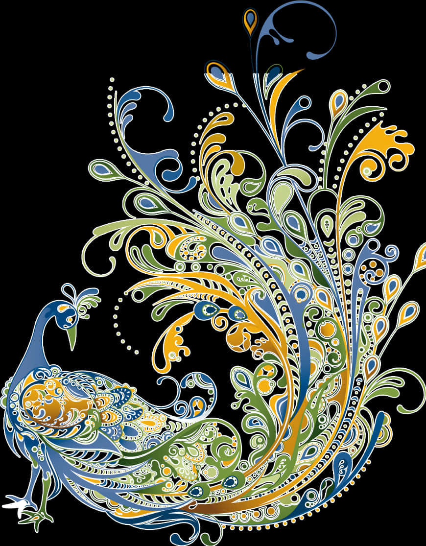 A Colorful Peacock With Swirls And Leaves