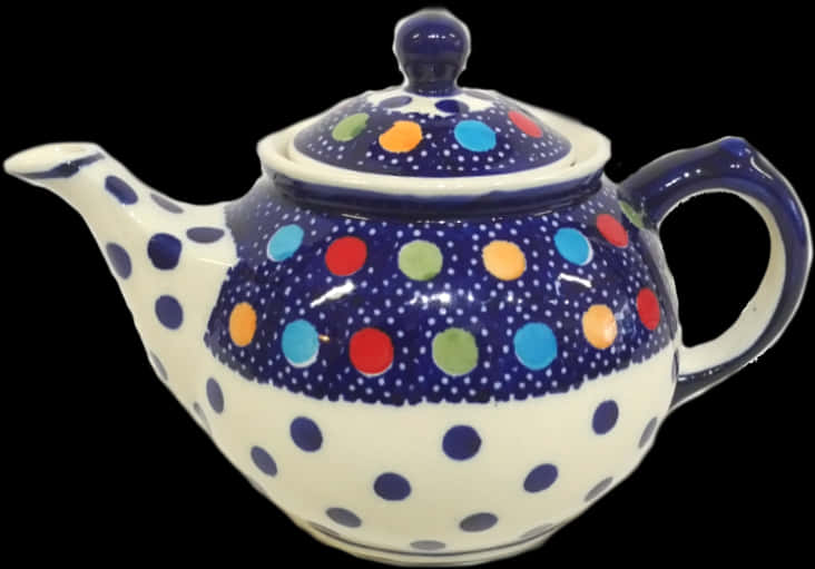 A Blue And White Teapot With Colorful Dots