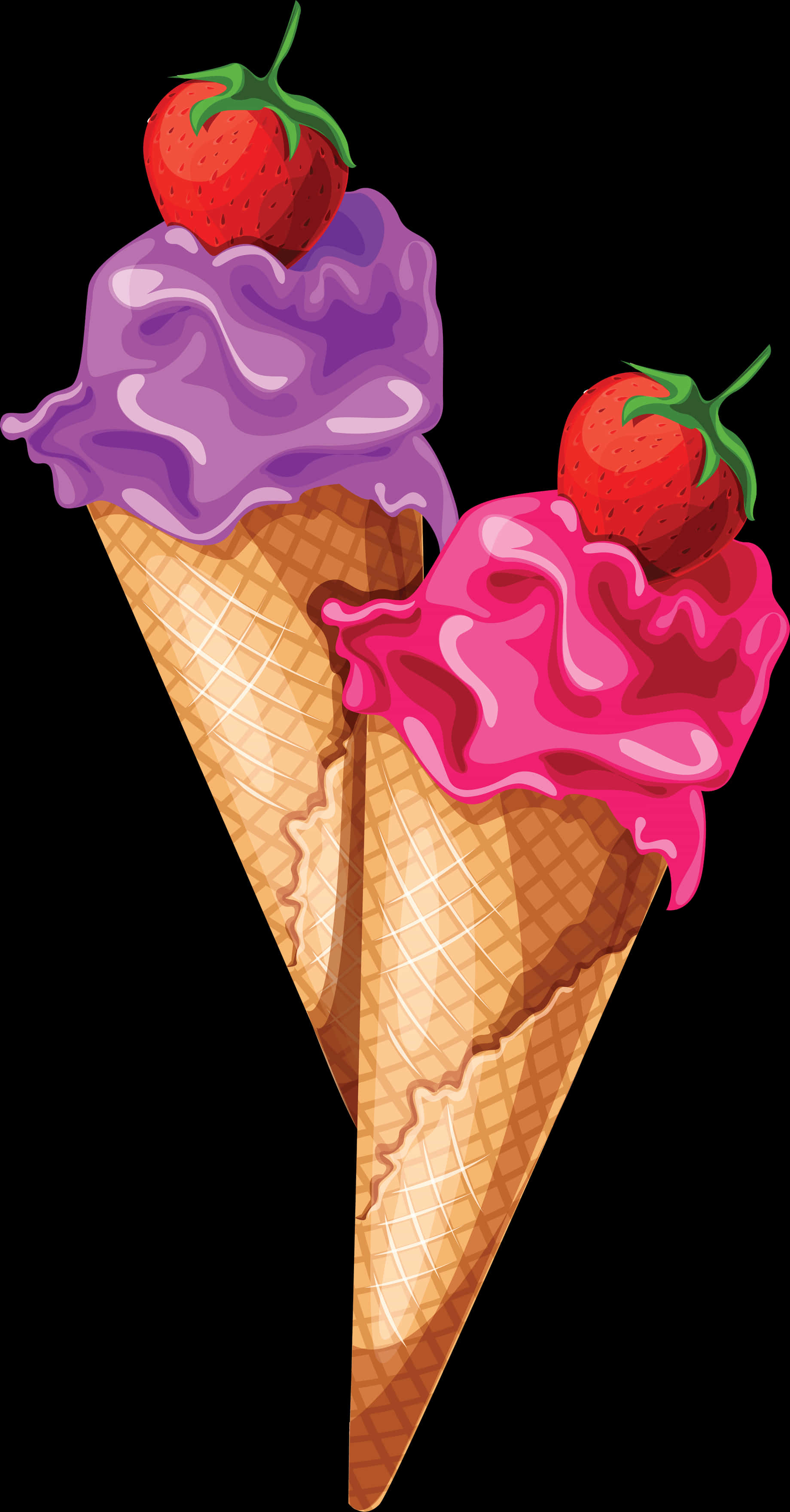 Two Ice Cream Cones With A Strawberry On Top