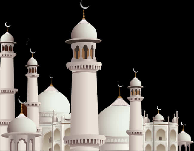 A White Building With Domes And A Crescent Moon