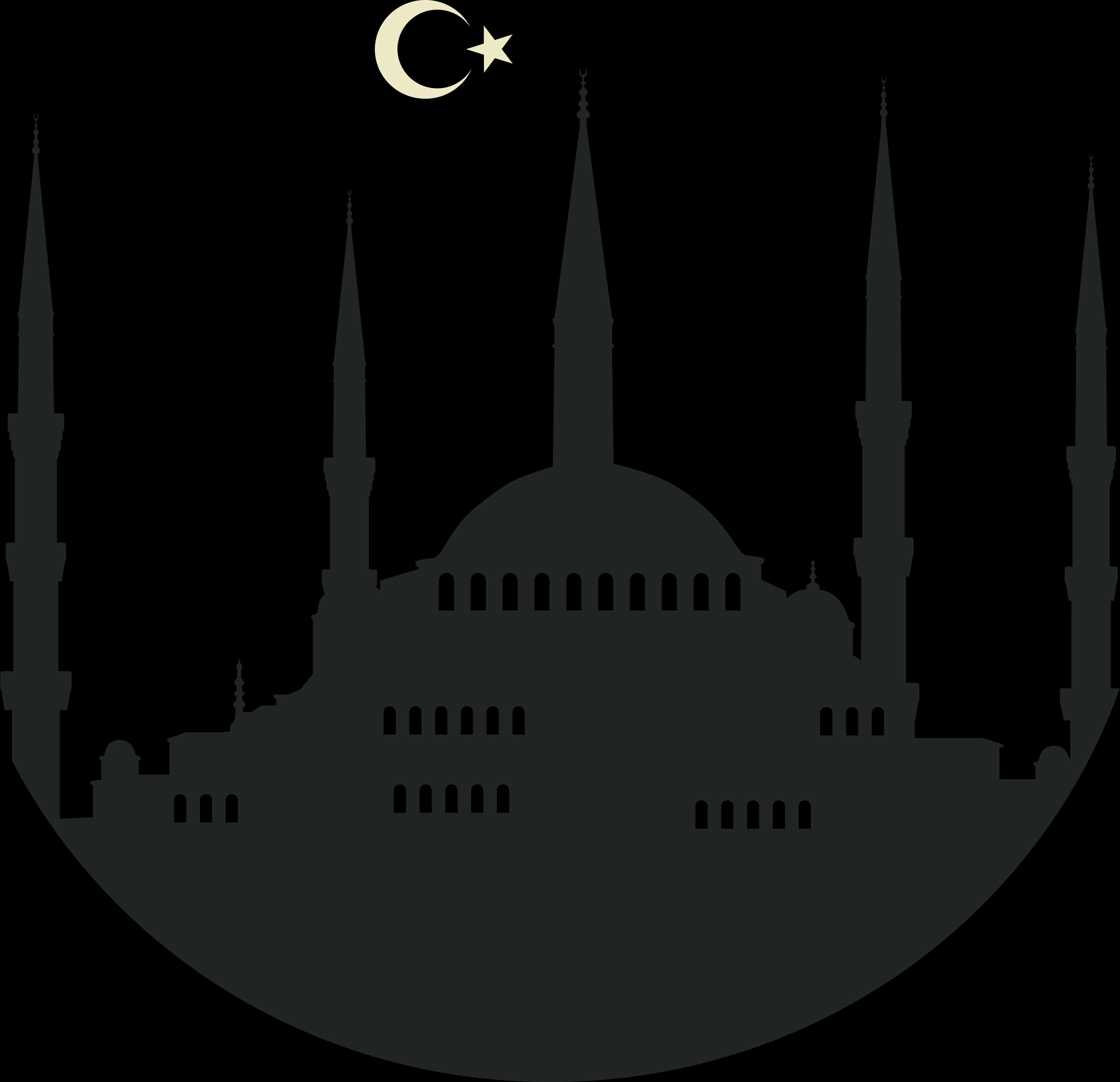 A Silhouette Of A Building With A Crescent Moon